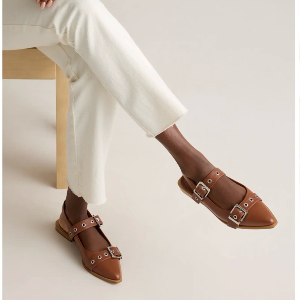 Quince Brown Leather Slingbacks with Buckle Detail